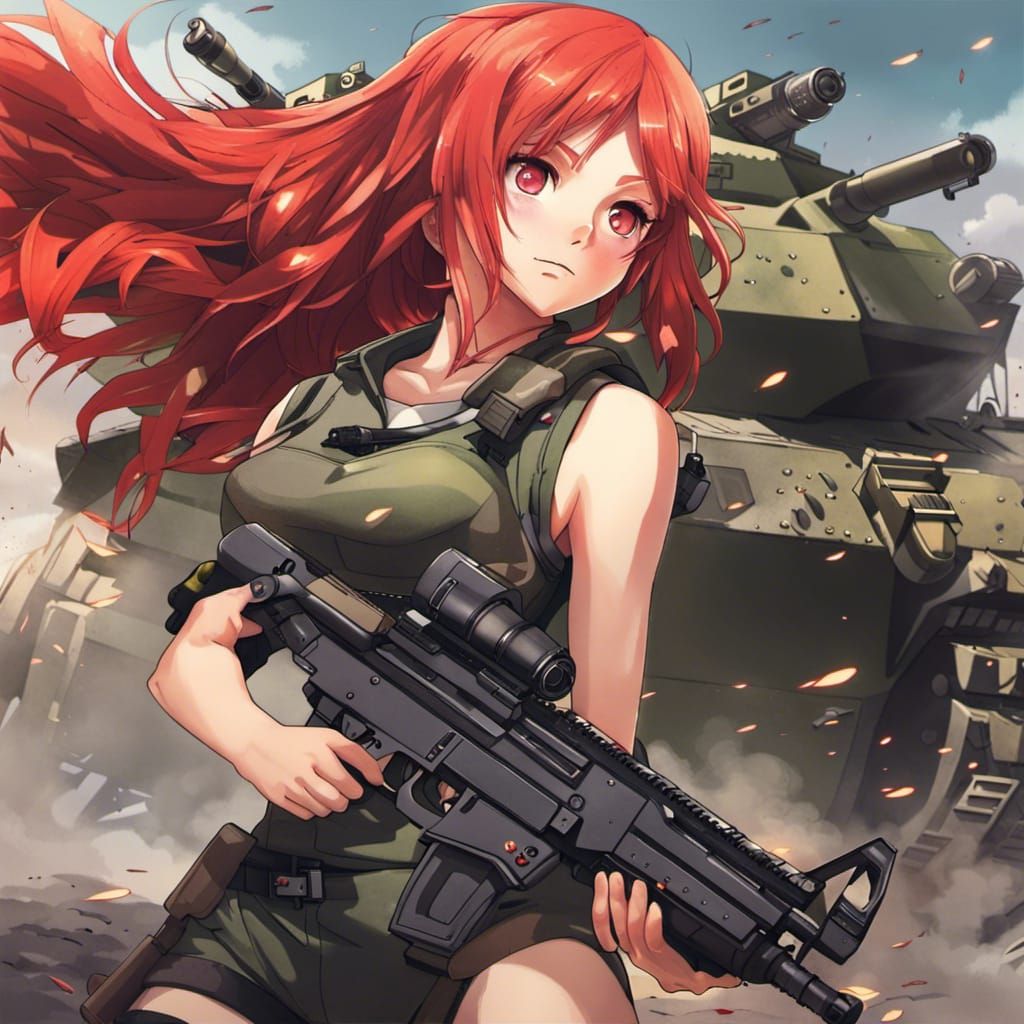 Anime Girl in Combat Gear with Machine Gun