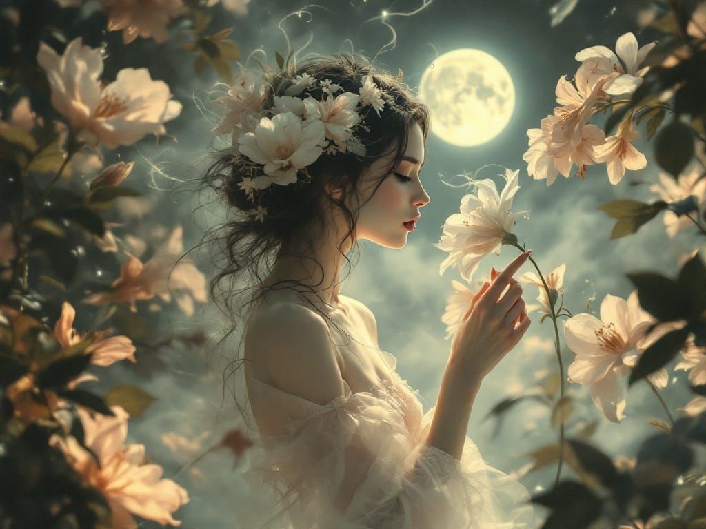 Ethereal Woman in Dreamy Moonlit Garden