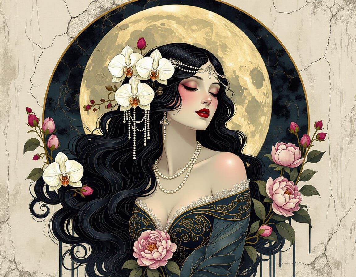 Floral Siren in Forgotten Dreamscape, Art Nouveau Style