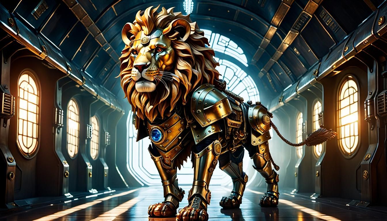 Armored Lion in Steampunk Sci-Fi Corridor