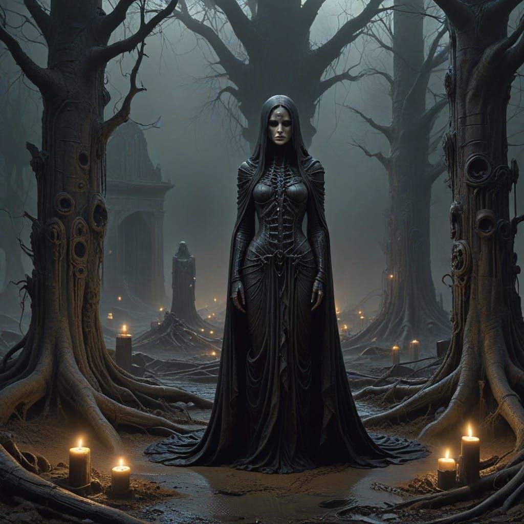 Ethereal Gothic Goddess in Moonlit Mausoleum