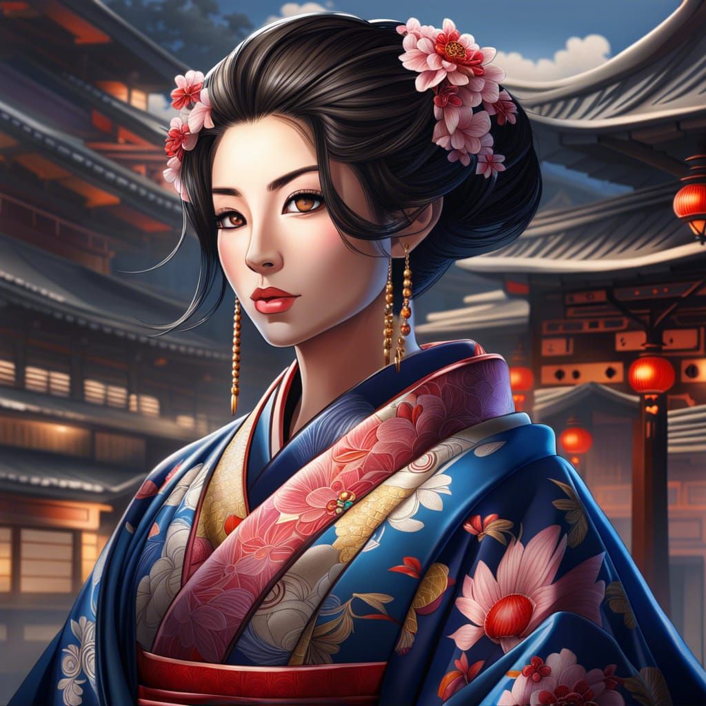 Anime Woman in Kimono: Detailed Manga Portrait