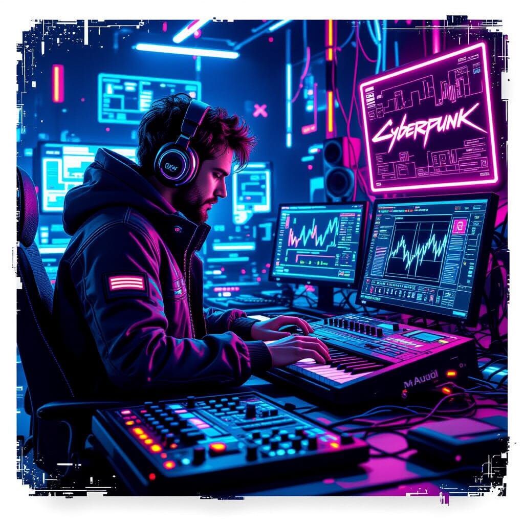 Cyberpunk Music Producer's Neon Studio in Retro-Futuristic S...