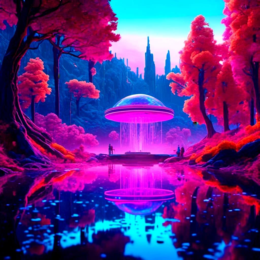 Neon Trees Surround Crystal Lake in Cyberpunk Style