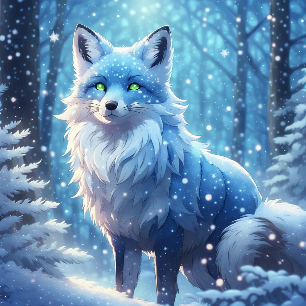 Glittery Blue Fox in Winter Forest, Anime Style