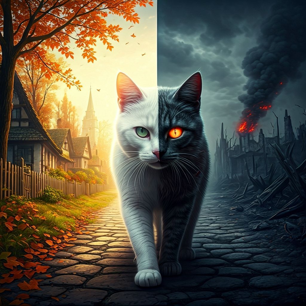 Duality: Serene Village and Decayed Cat in Surreal Style