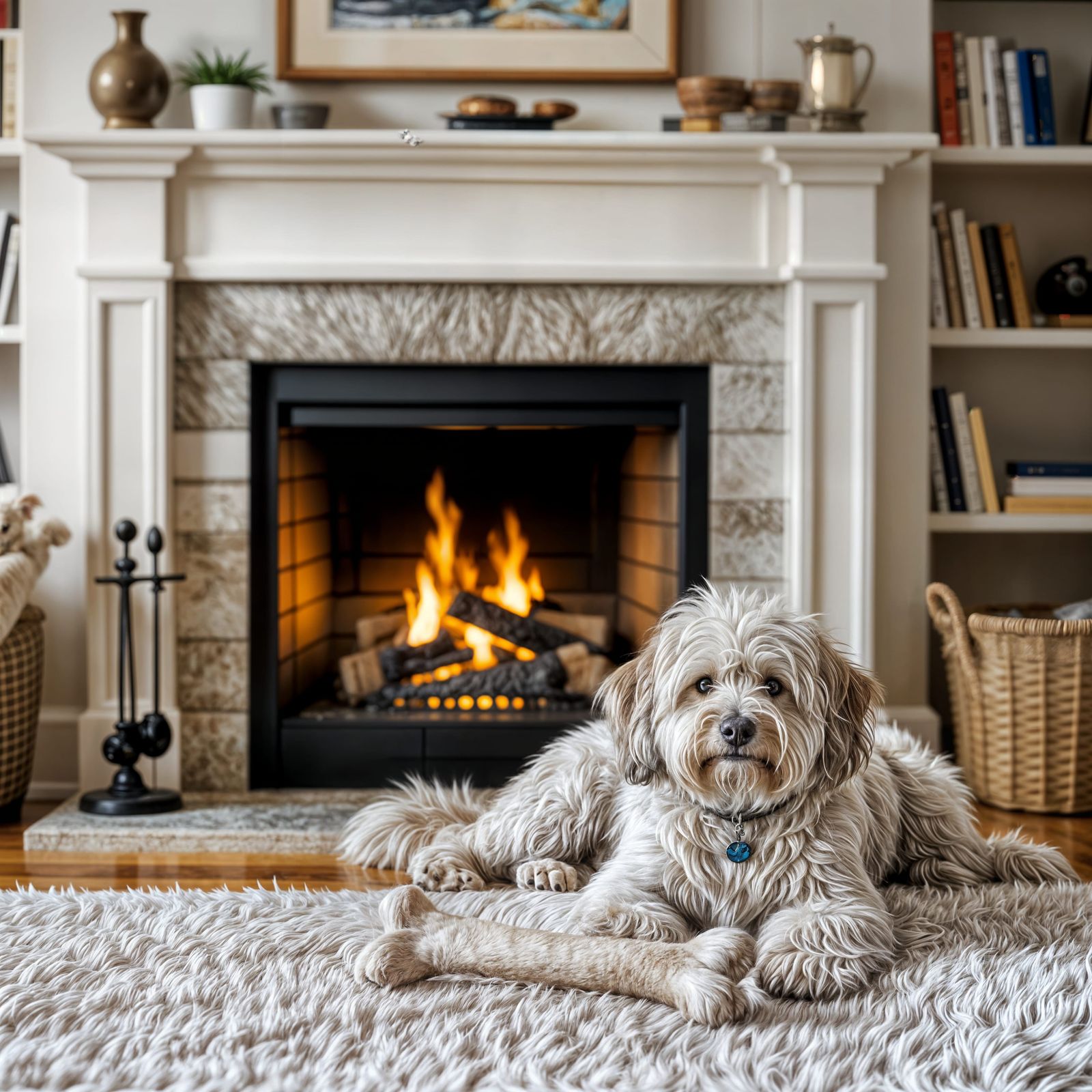 Cozy Fireplace Scene with Sleeping Dog and Bookshelf