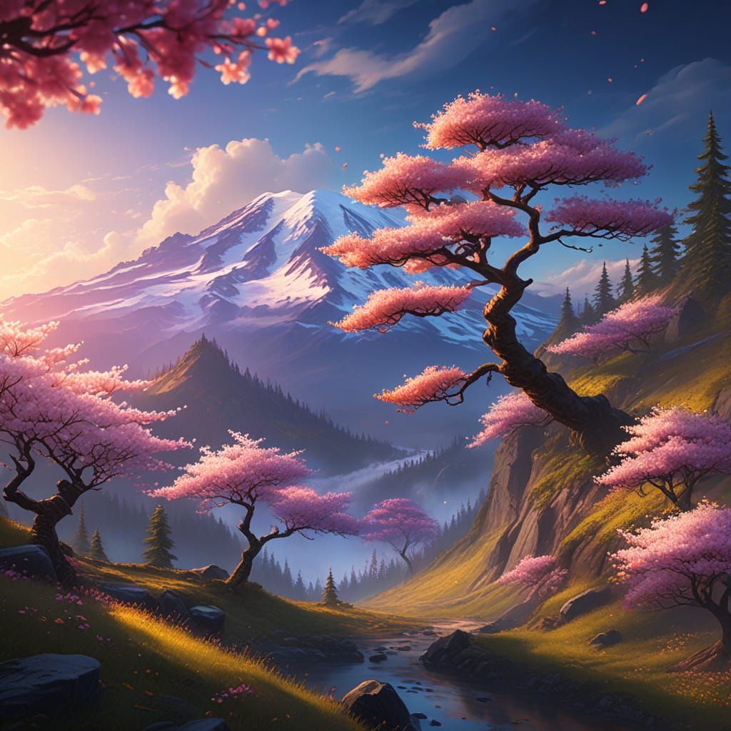 Mount Rainier Cherry Blossom in Fantasy Oil Painting