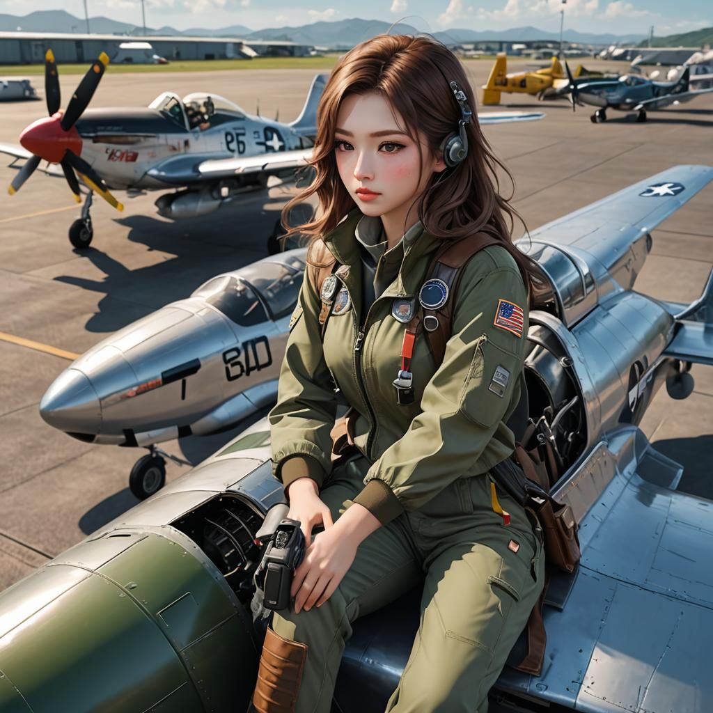 Korean Girl on Mustang Wing in 3D Anime Art