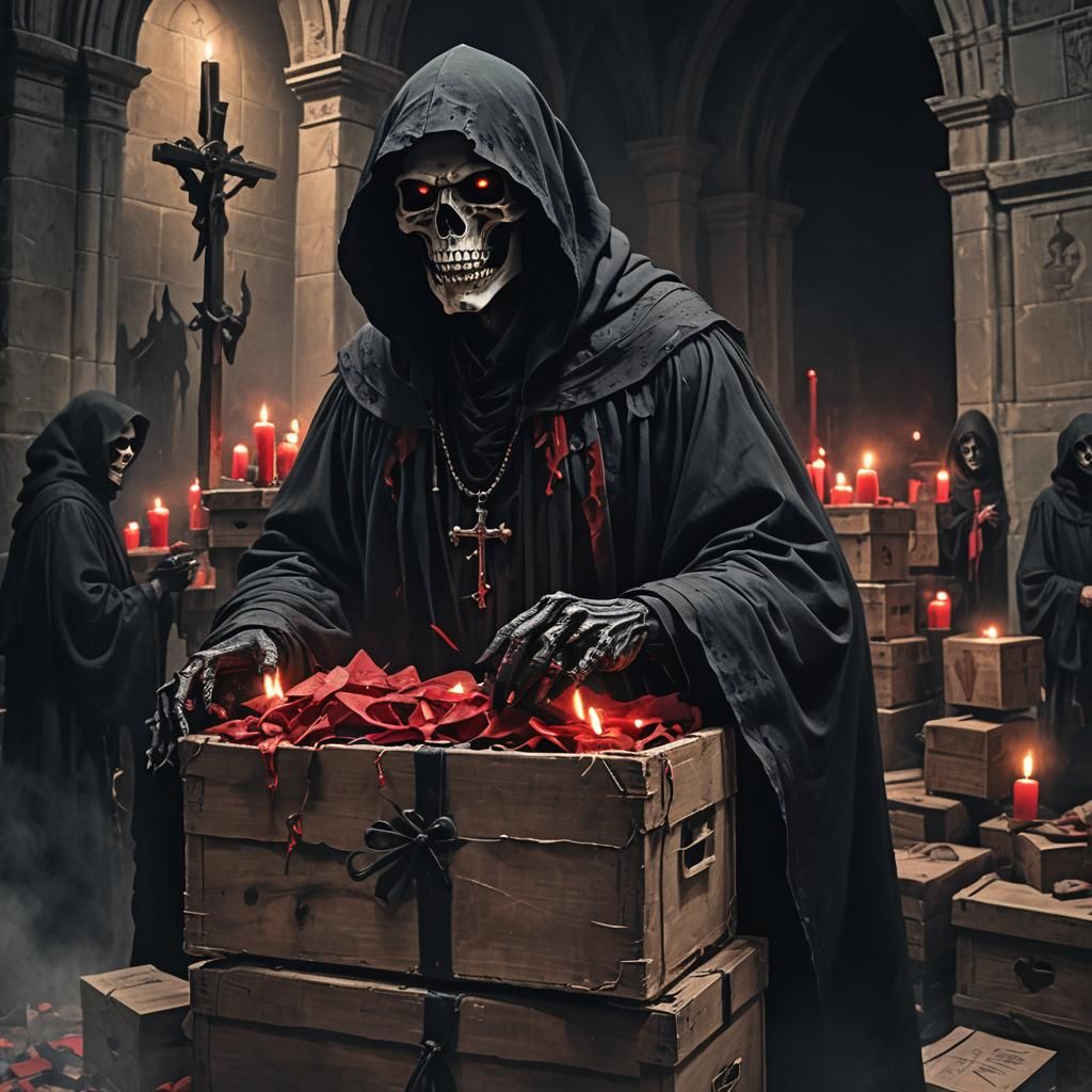 Gothic Horror Reaper Loads Robes for Church