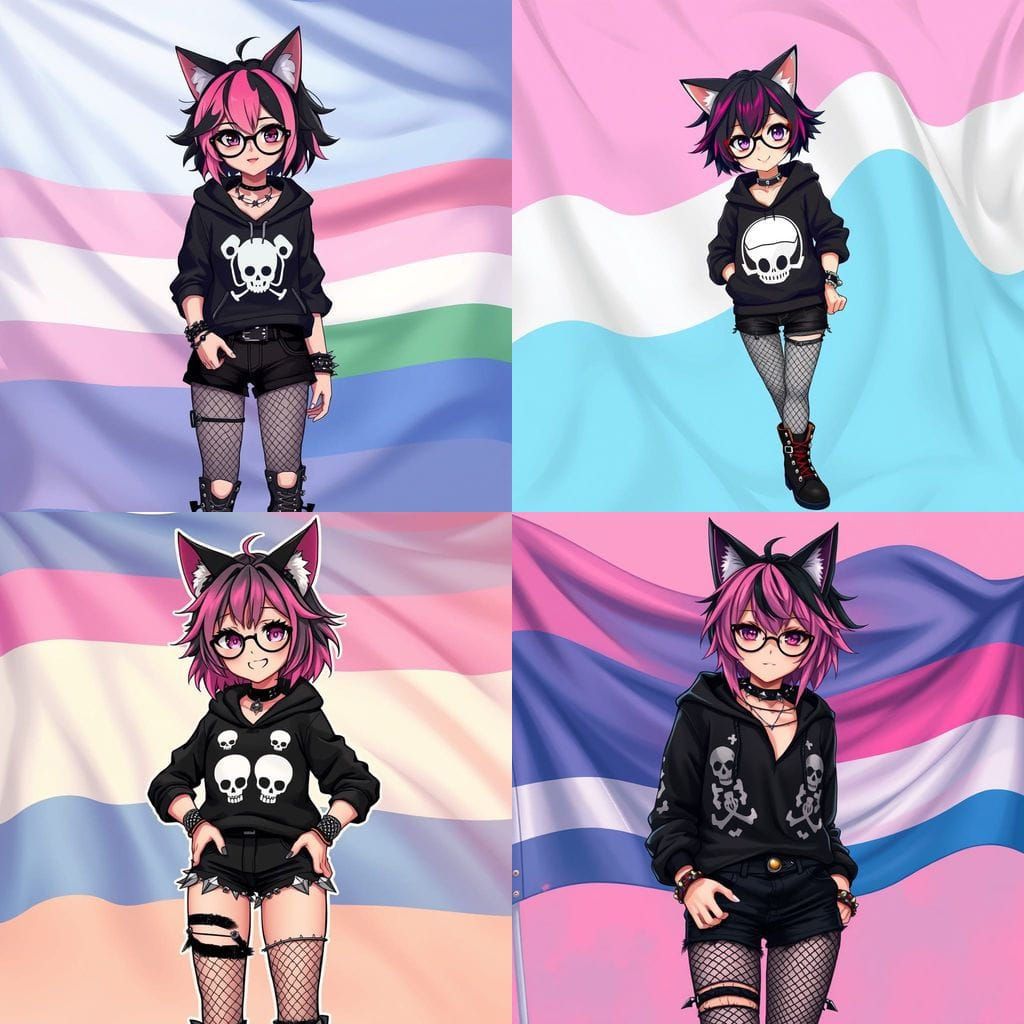 Confident Emo Girl with Vibrant Hair and Cat Ears