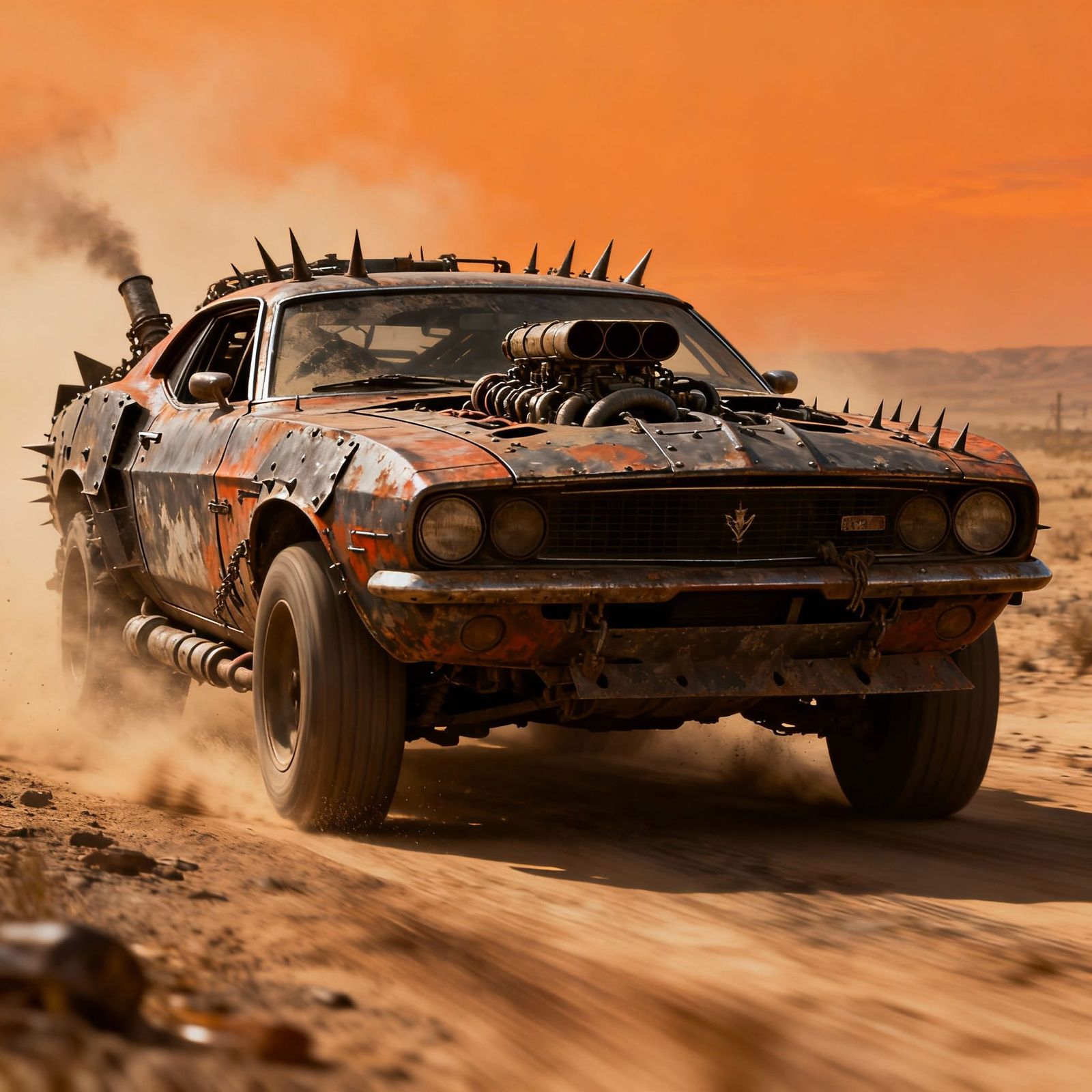 Dystopian Muscle Car in Post-Apocalyptic Wasteland