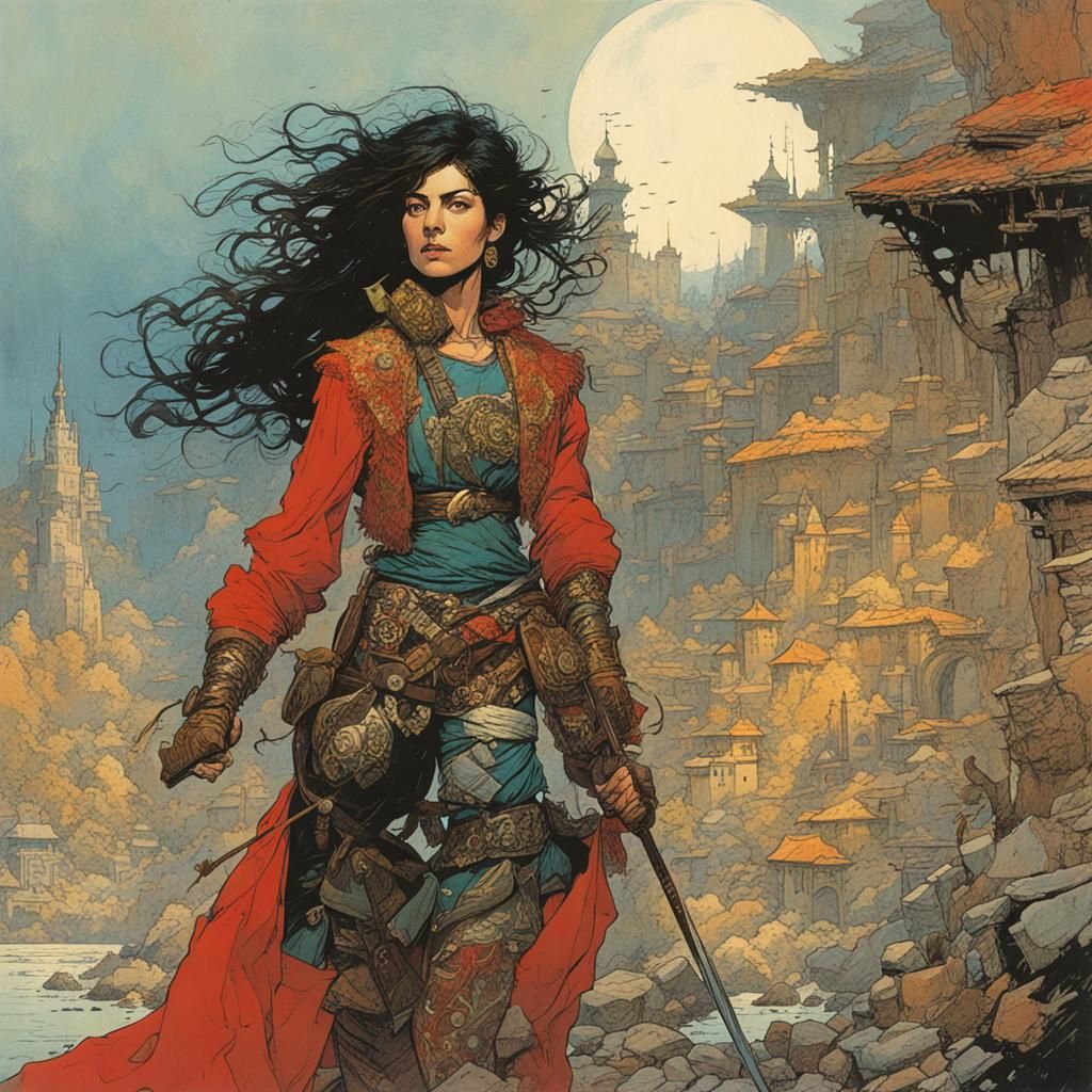 Fantasy Swordswoman in Whimsical Action Style