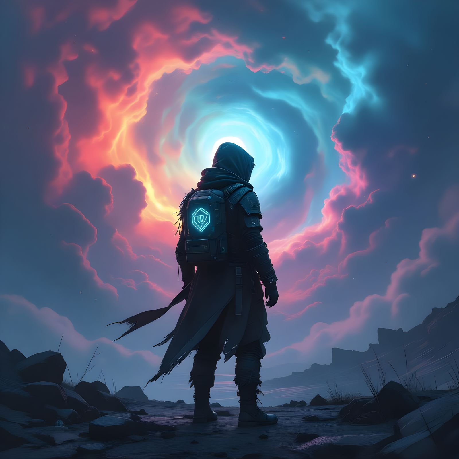 Wanderer at Nebula Edge in Surrealist Style