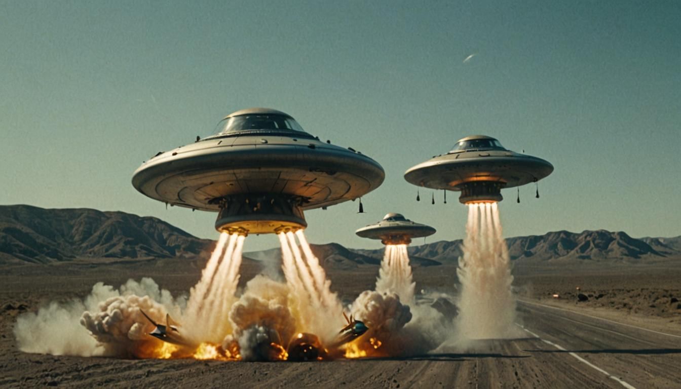 Jet Engines Race Flying Saucer: Cinematic Film Still