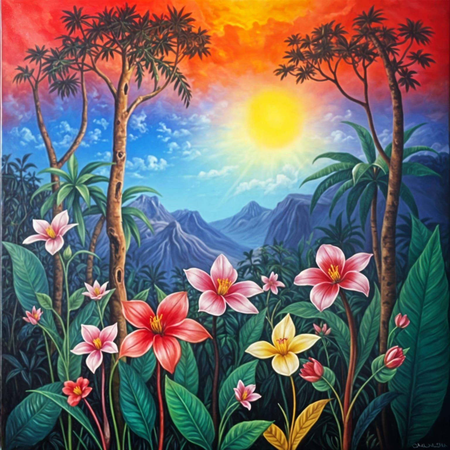 Surreal Tropical Oasis with Melting Colors