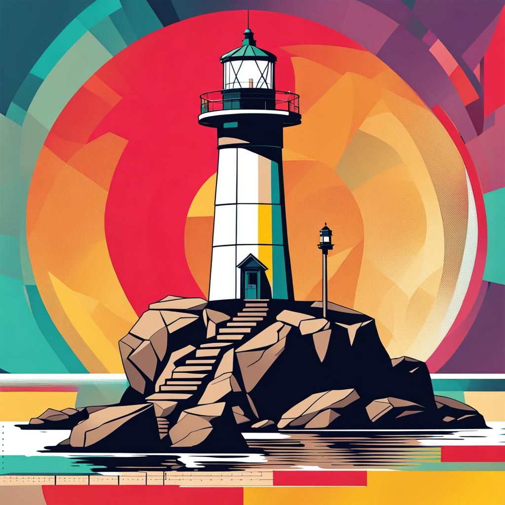 Pop Art Lighthouse on Rocks in Triadic Colors