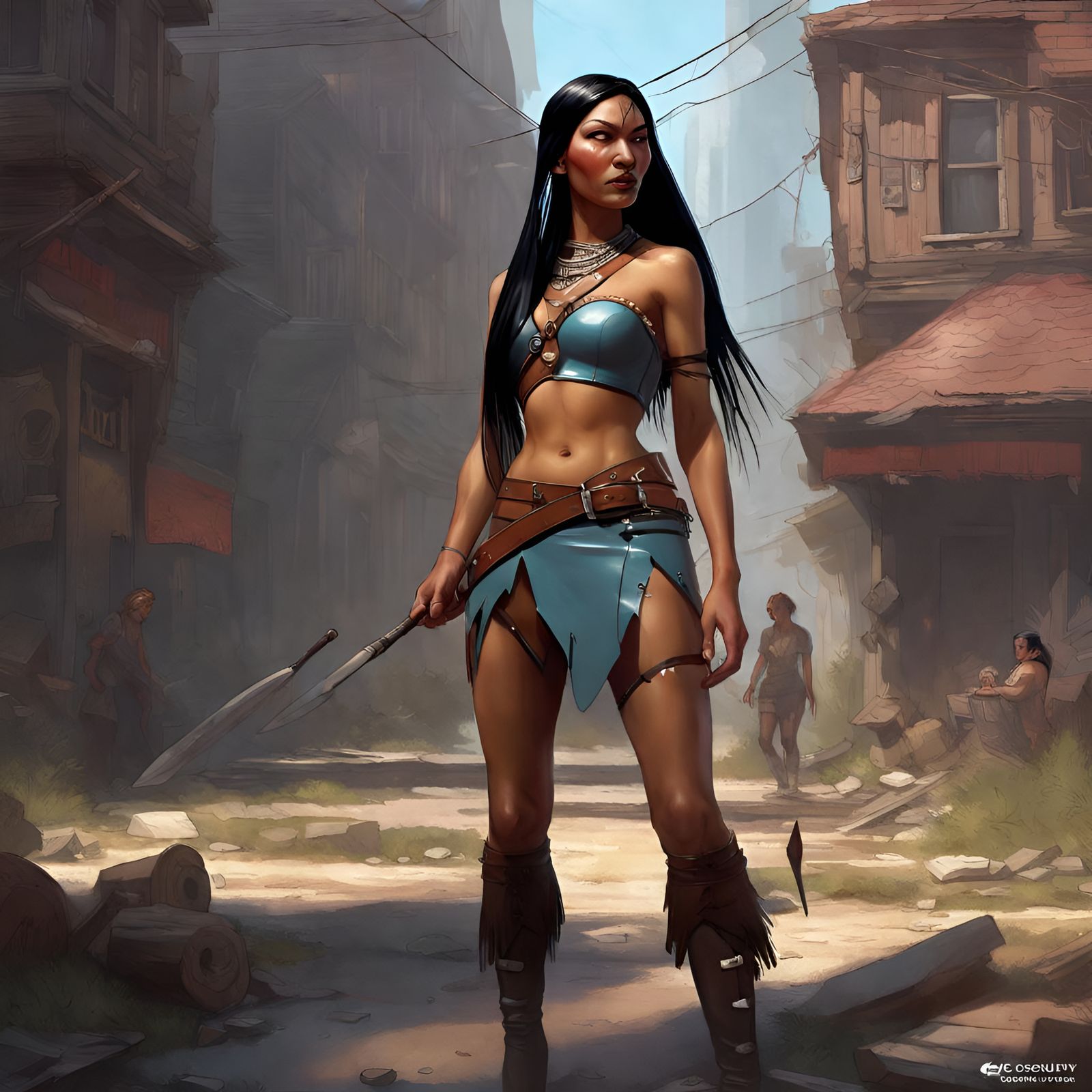 Rebellious Pocahontas in Latex Outfit: Digital Art
