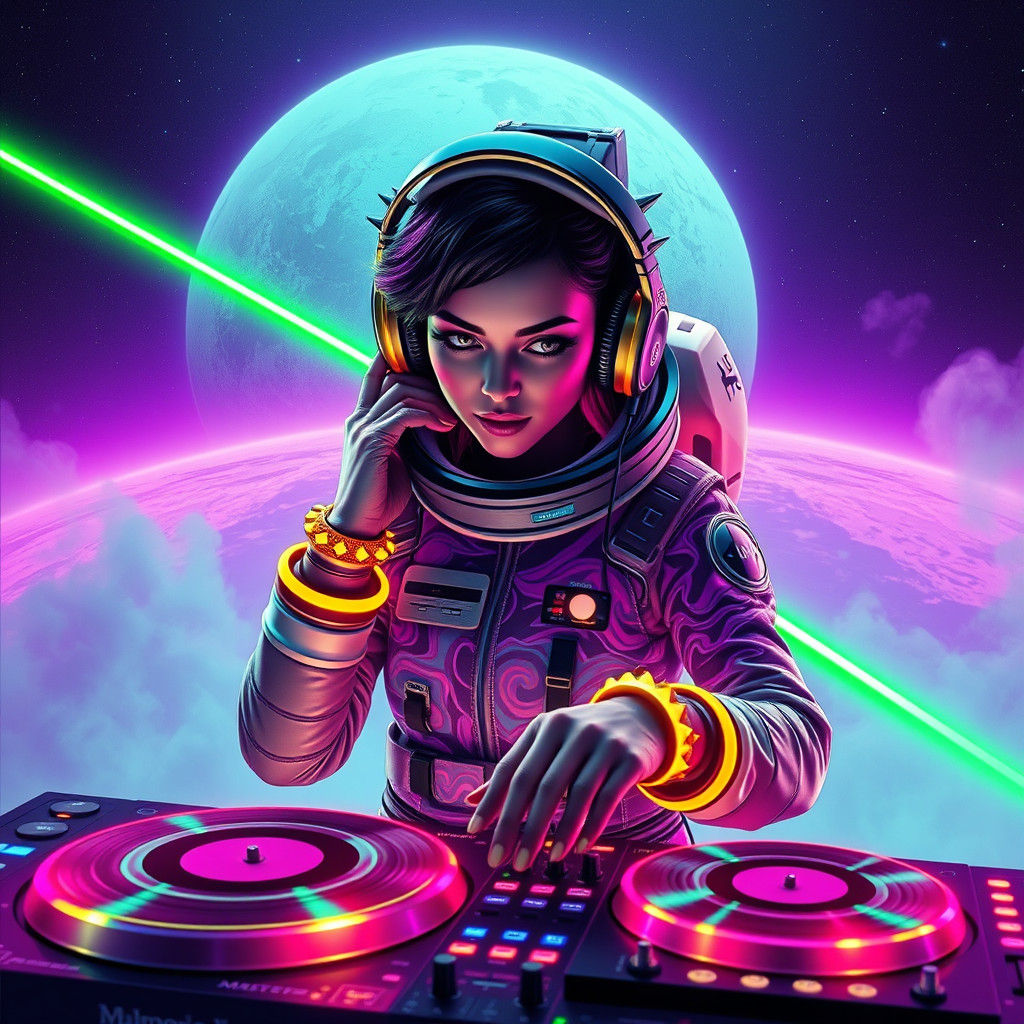 Futuristic DJ in Neon Spacesuit on Mercury