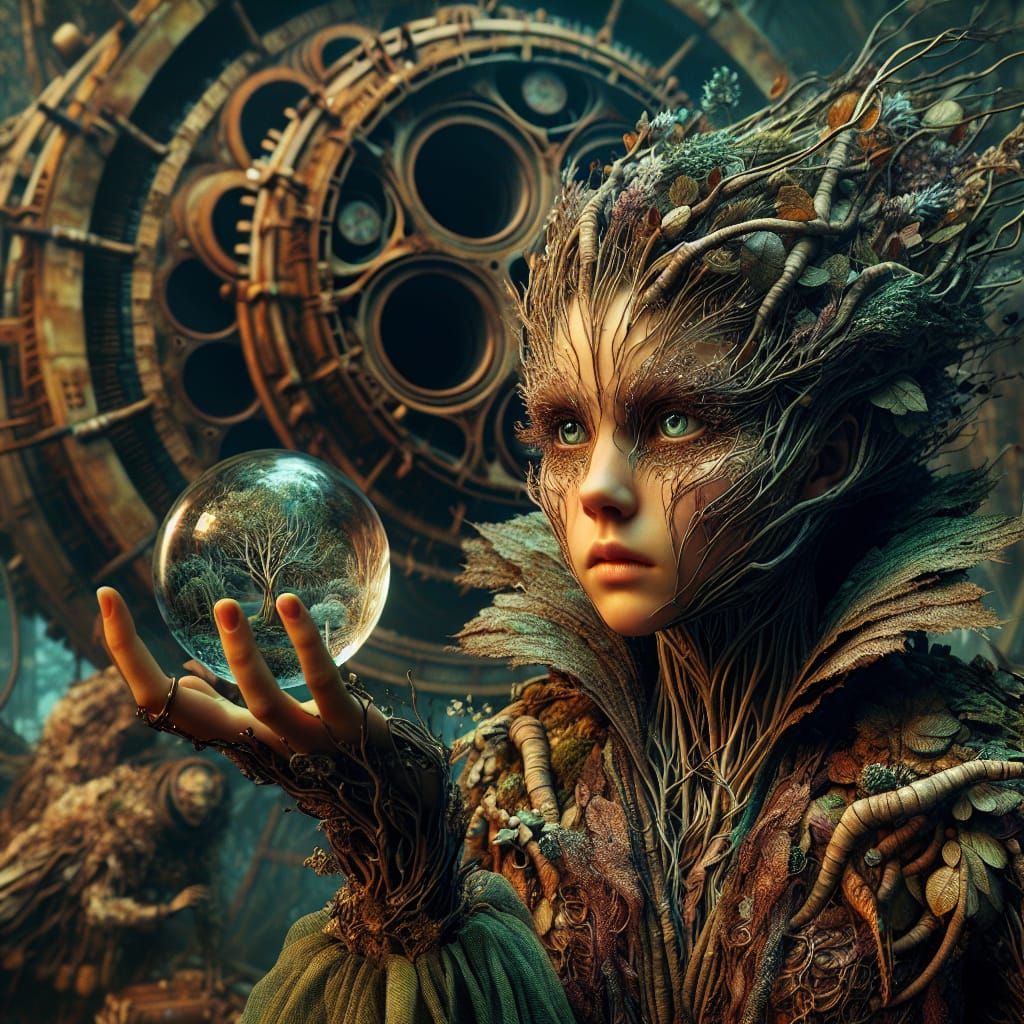 Girl Transforms to Tree Holding Glass Globe