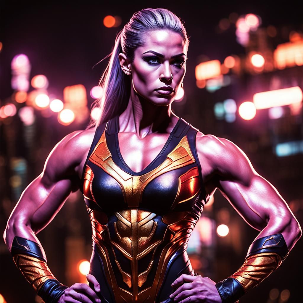 Powerful Elf Bodybuilder in Retrofuturistic Metropolis