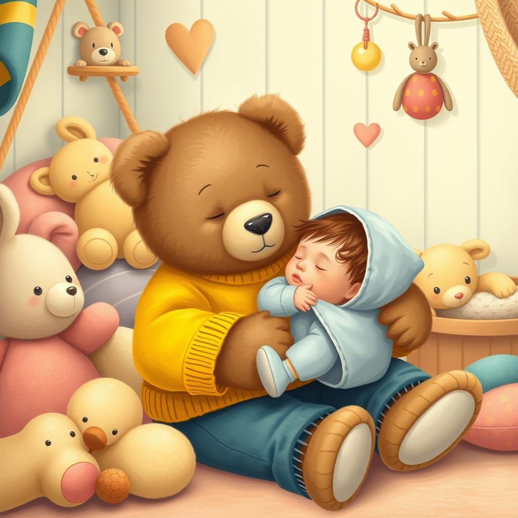 Teddy Bear Babysitting Child in Whimsical Nursery