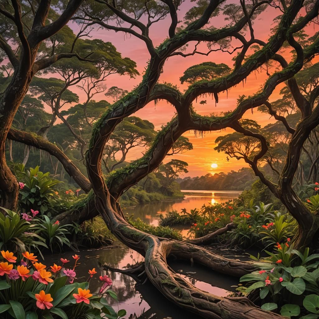 Anaconda in Amazon Jungle at Sunset: Art Nouveau