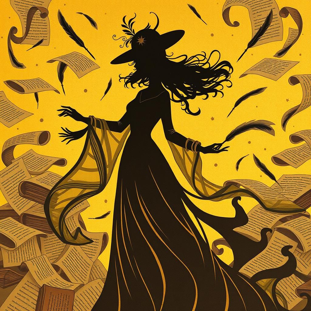 Ethereal Woman Amidst Swirling Manuscripts in Silhouette Art