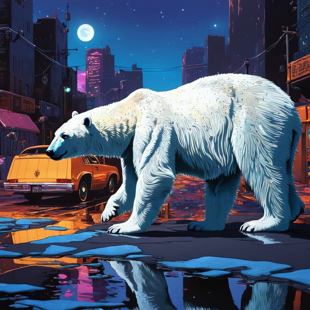 Enchanted Polar Bear in Vibrant, Moonlit Realms