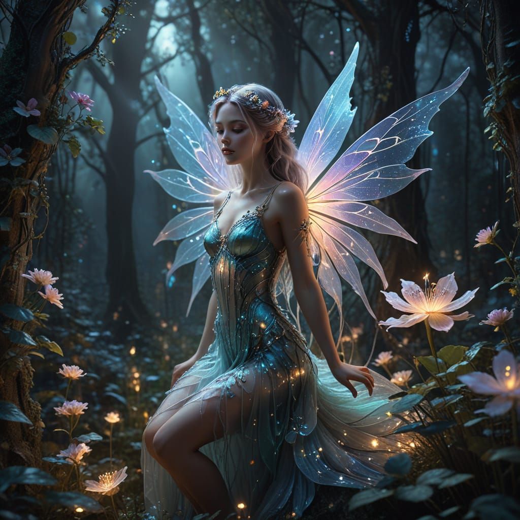 Mythical Fairy in Moonlit Enchanted Forest