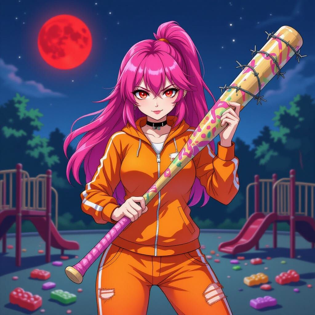 Anime Supervillain with Candy Bat in Playground