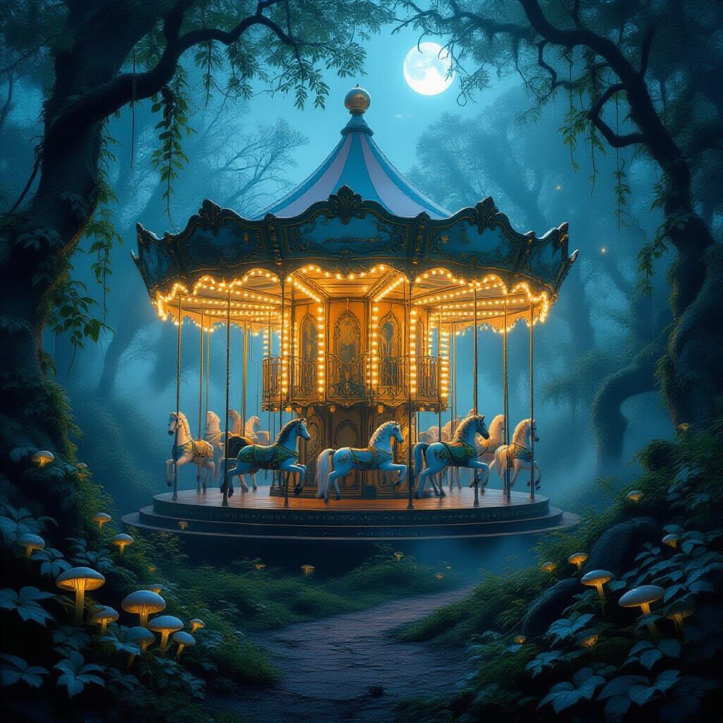 Enchanted Forest Carousel Bathed in Moonlight