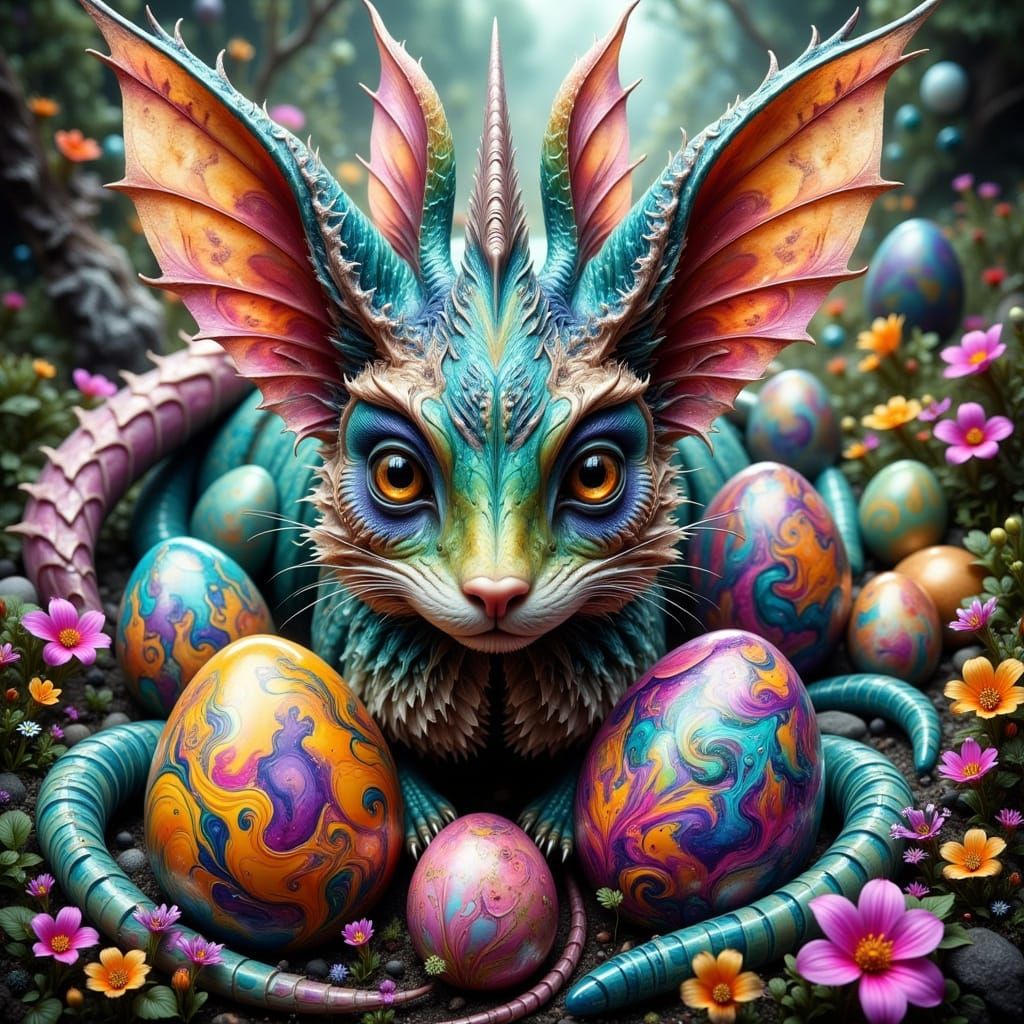 Surreal Easter Bunny Hybrid with Dragon Wings and Lizard Sca...