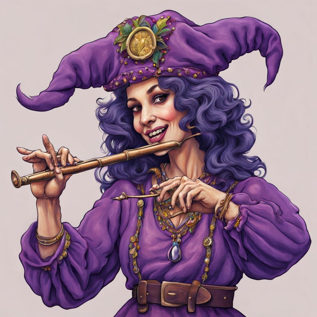 Vibrant Medieval Female Jester Plays Flute