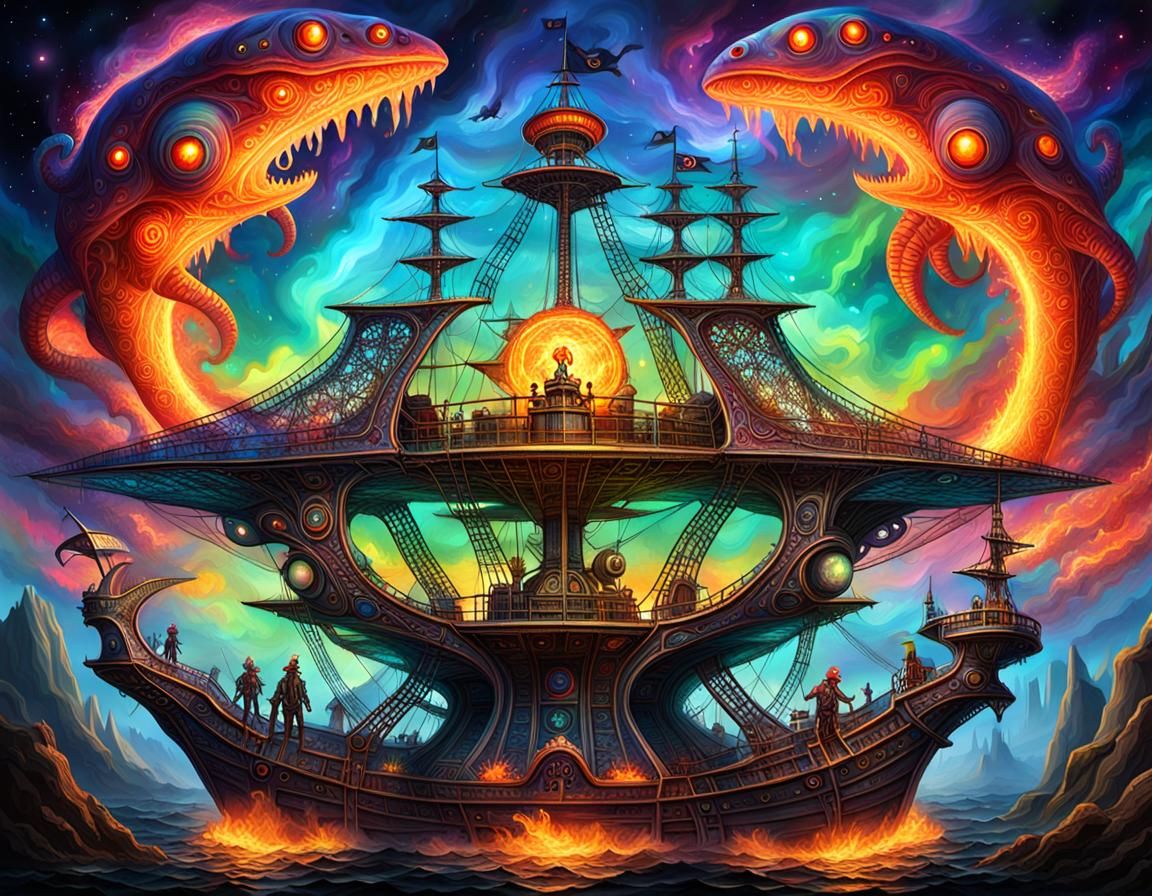 Iridescent Alien Encounter with Pirate Ship and UFO