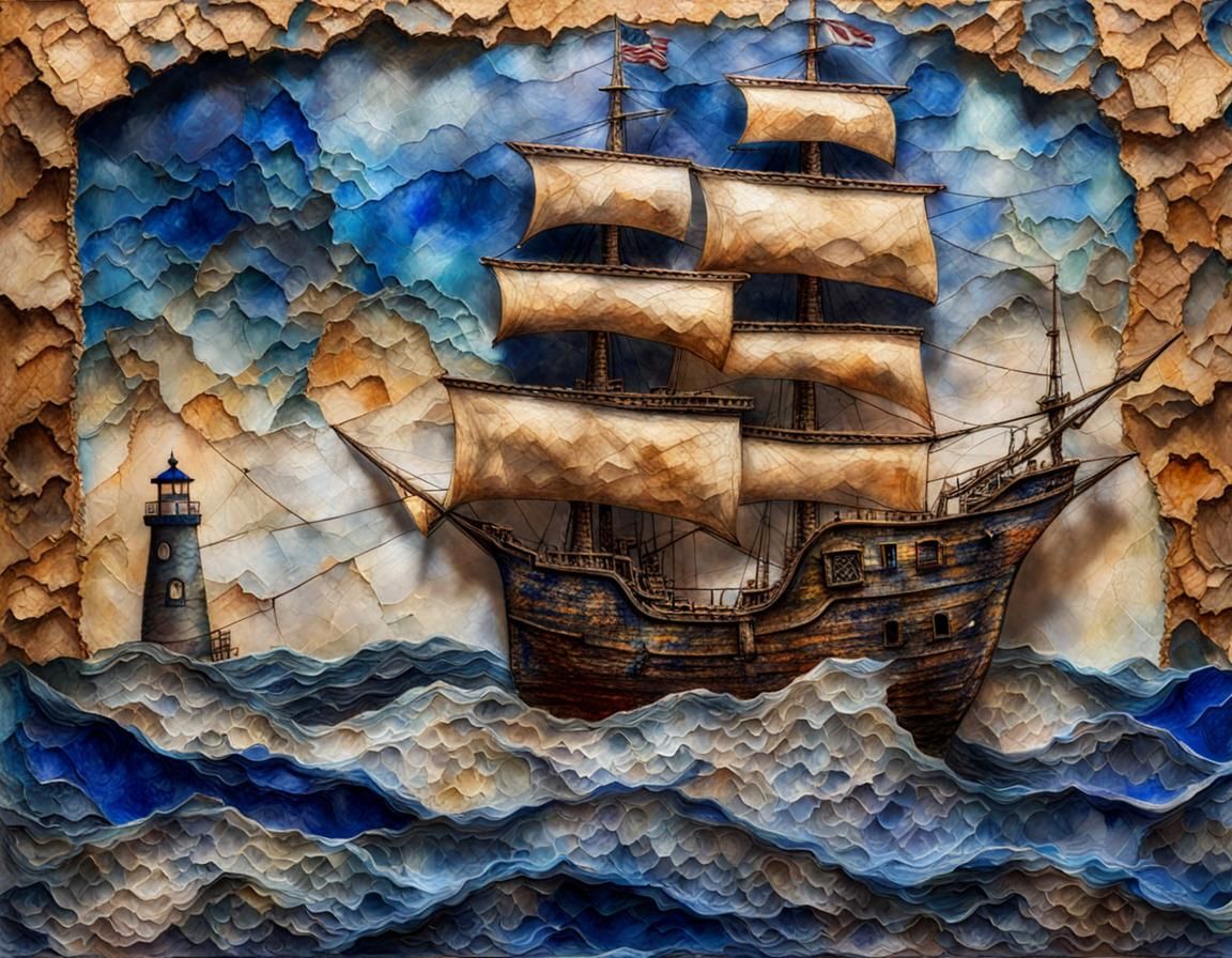 Pirate Ship Approaching Lighthouse in Mixed Media Collage
