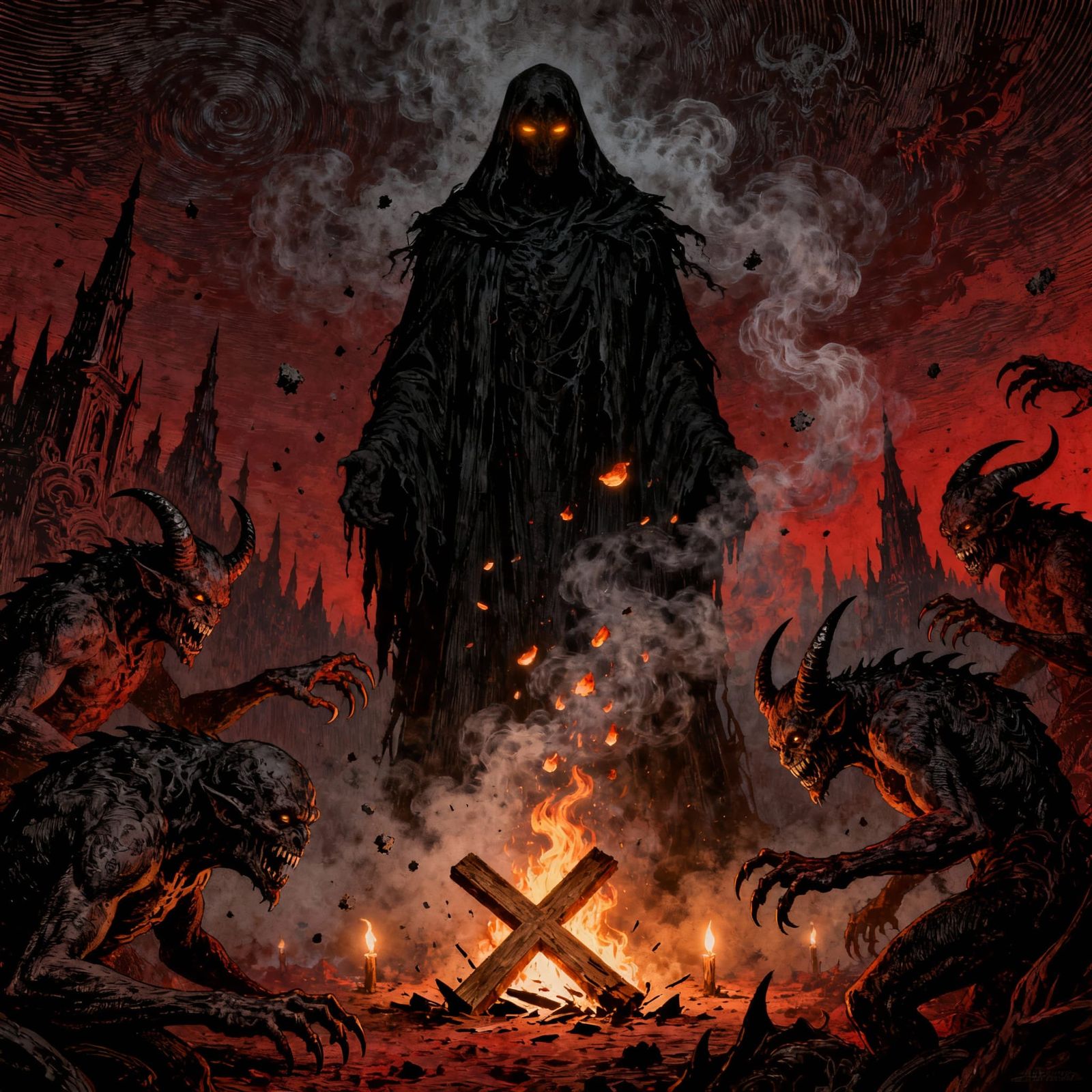 Hellish Demons and Fiery Cross in Dark Fantasy Style