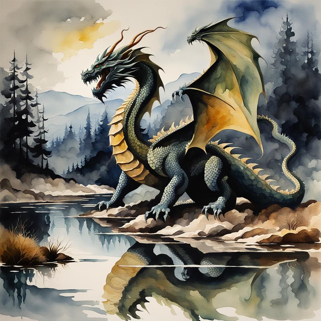Dragon in moody landscape