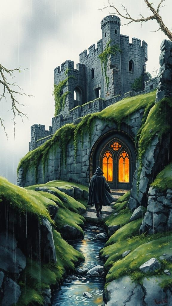 Mysterious Ruined Castle in Rain, Lone Traveler, Wet Ink and...