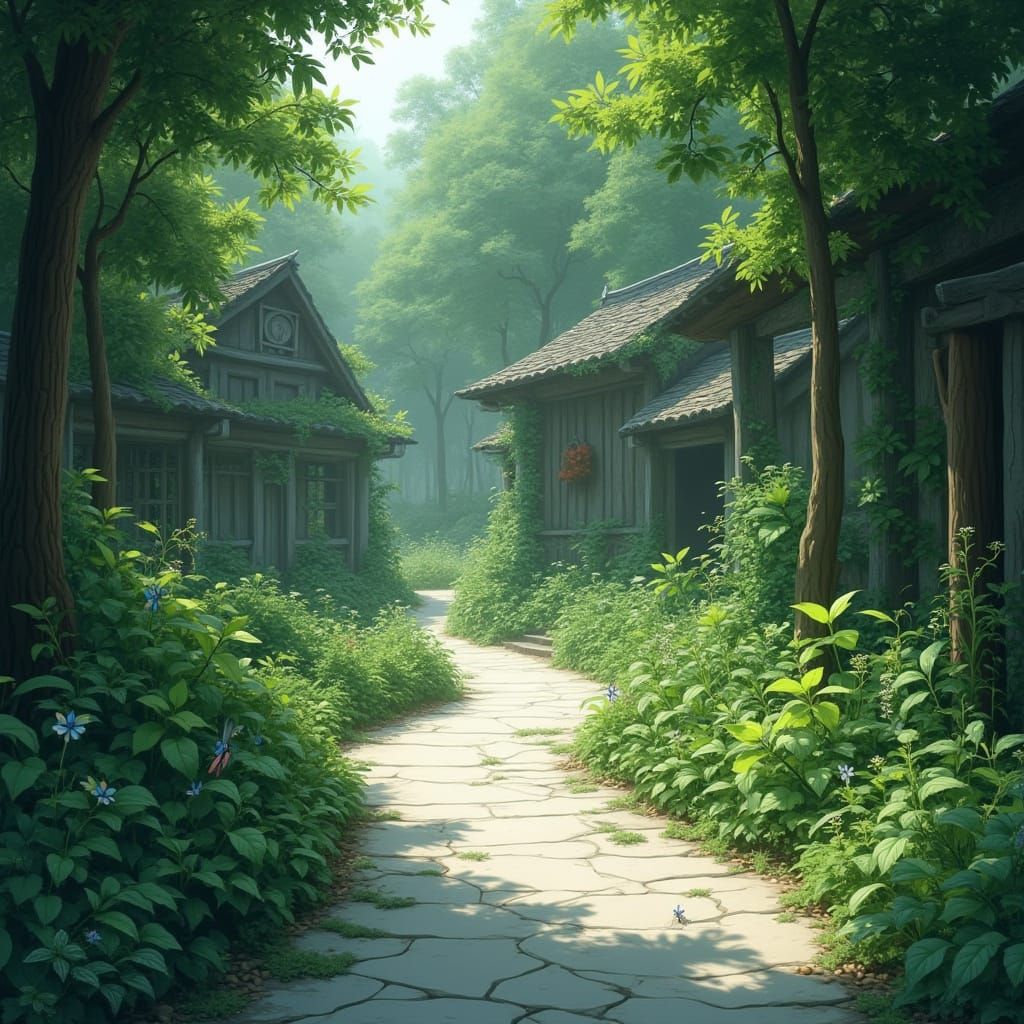 Abandoned Town on Marble Road in Lush Forest Landscape