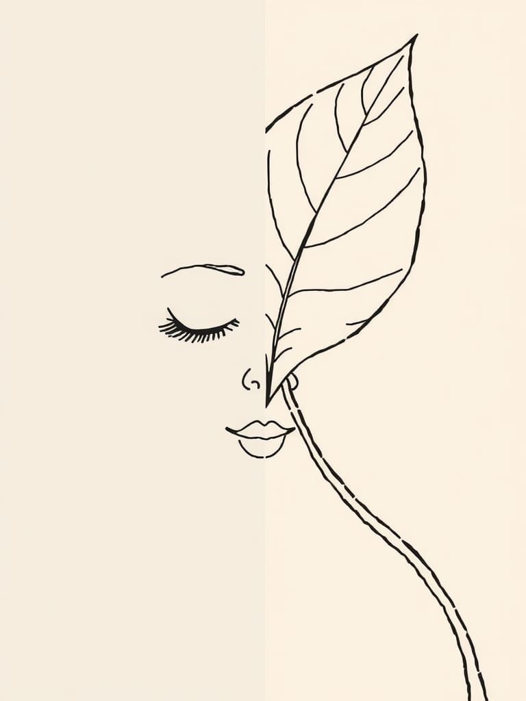 Minimalist Line Art Face with Butterfly and Leaf