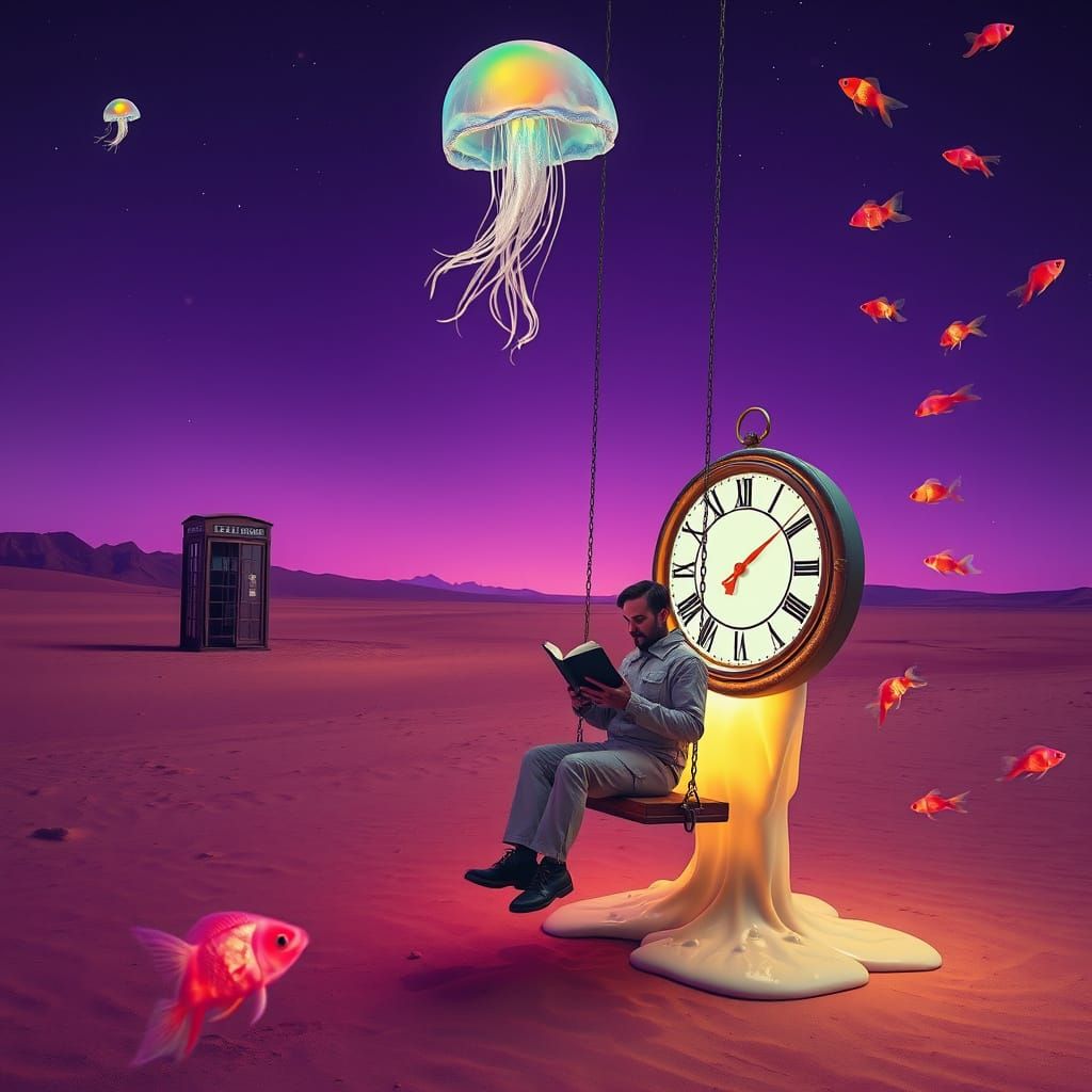 Surreal Desert Landscape with Glass Jellyfish and Astronaut