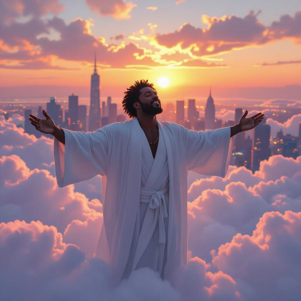 Ethereal Figure in Clouds Above Cityscape