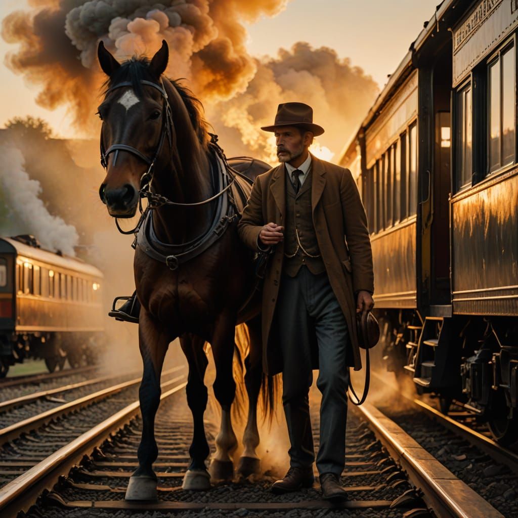 Man Boards Train Leaving Horse Behind in Golden Hour