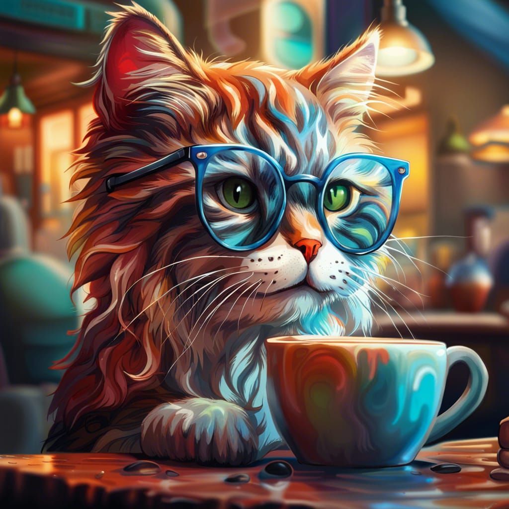 Hyperrealistic Cat with Glasses Drinking Coffee