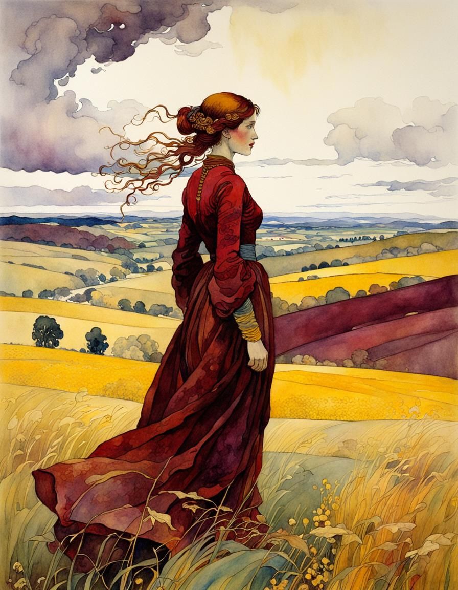 Autumn Storm Goddess in Watercolor Style