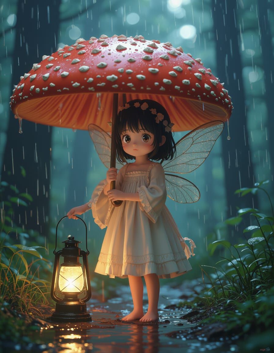 Photorealistic Fairy Shelters Under Mushroom with Lantern