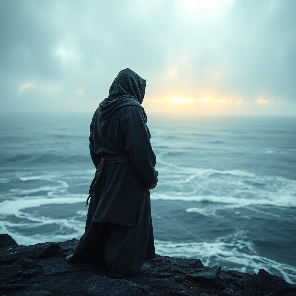 Solitary Monk on Nordic Beach: Digital Matte Painting