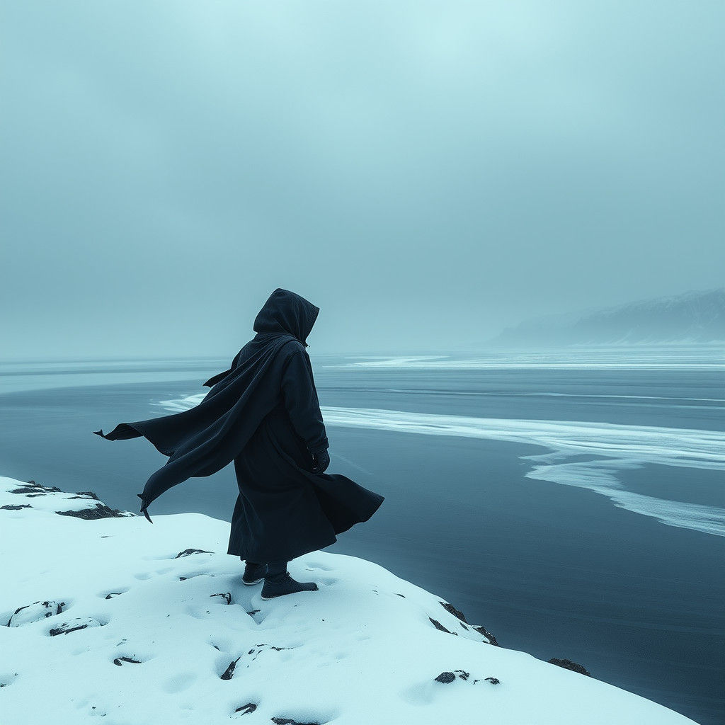 Hooded Monk Contemplates Nordic Sea in Matte Painting
