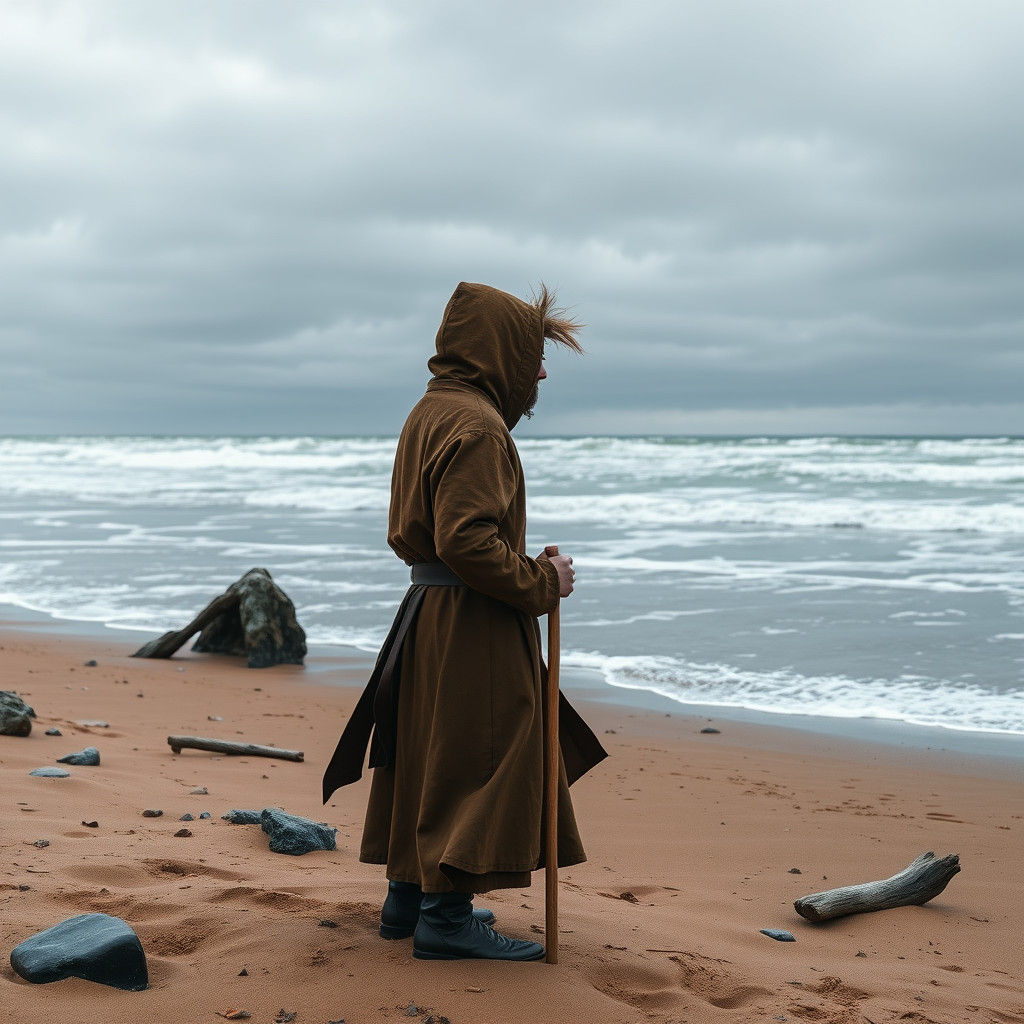 Monk Contemplates Nordic Beach in Dystopian Realism